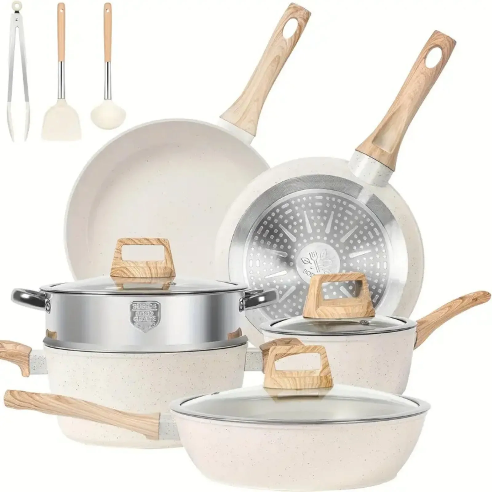 LunaLulink Tongs Nonstick Comprehensive assistance Pan, Reduced with Set Granite Spatula Frying Silicone and Cooking Skillet, 12-Piece Steamer,