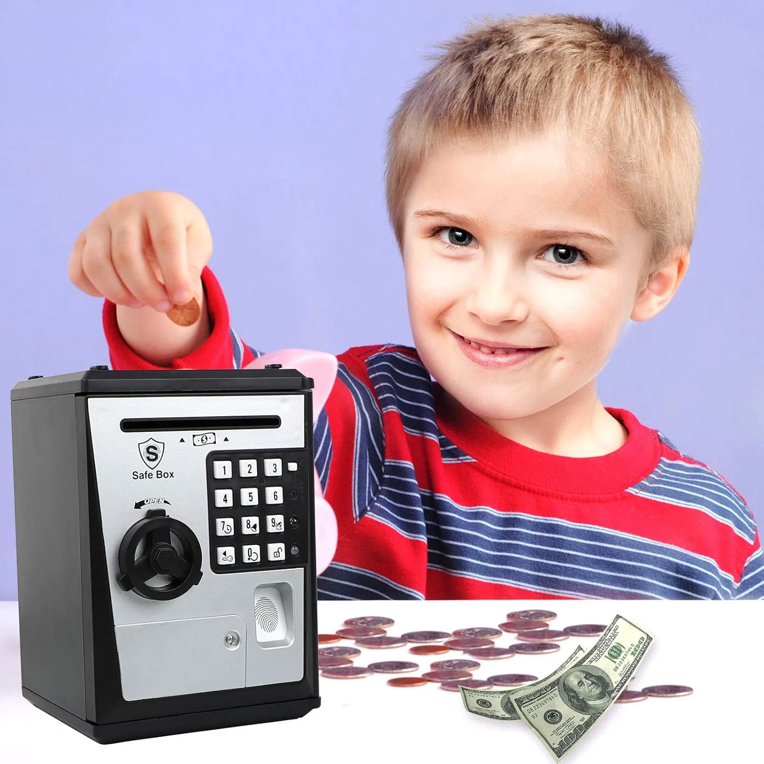 Lyght Mini ATM Savings Bank for Real Money, Electronic Voice Piggy Banks, Fingerprint Password, Kids Safe Box, Cool Stuff Gift for Boys and Girls Silver/Black