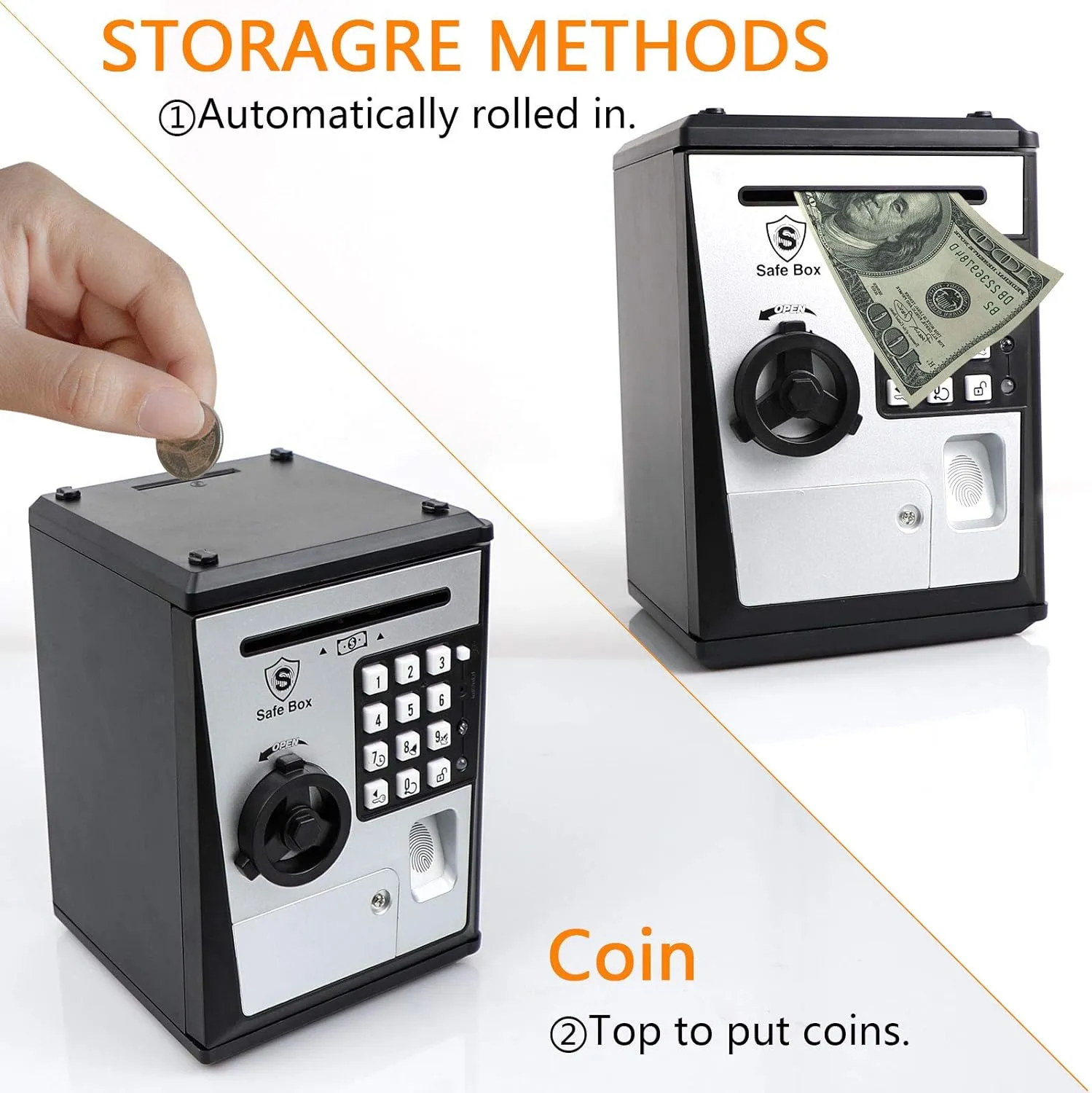 Lyght Mini ATM Savings Bank for Real Money, Electronic Voice Piggy Banks, Fingerprint Password, Kids Safe Box, Cool Stuff Gift for Boys and Girls Silver/Black