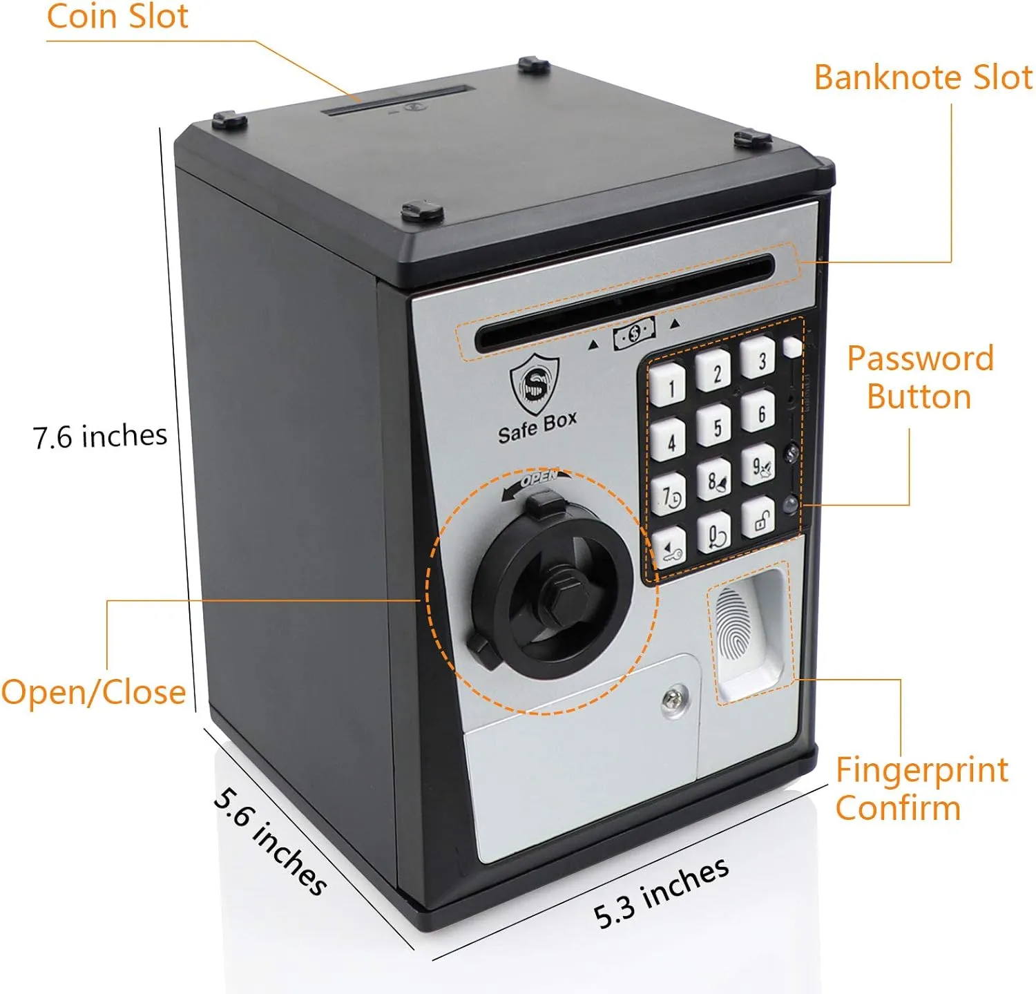 Lyght Mini ATM Savings Bank for Real Money, Electronic Voice Piggy Banks, Fingerprint Password, Kids Safe Box, Cool Stuff Gift for Boys and Girls Silver/Black