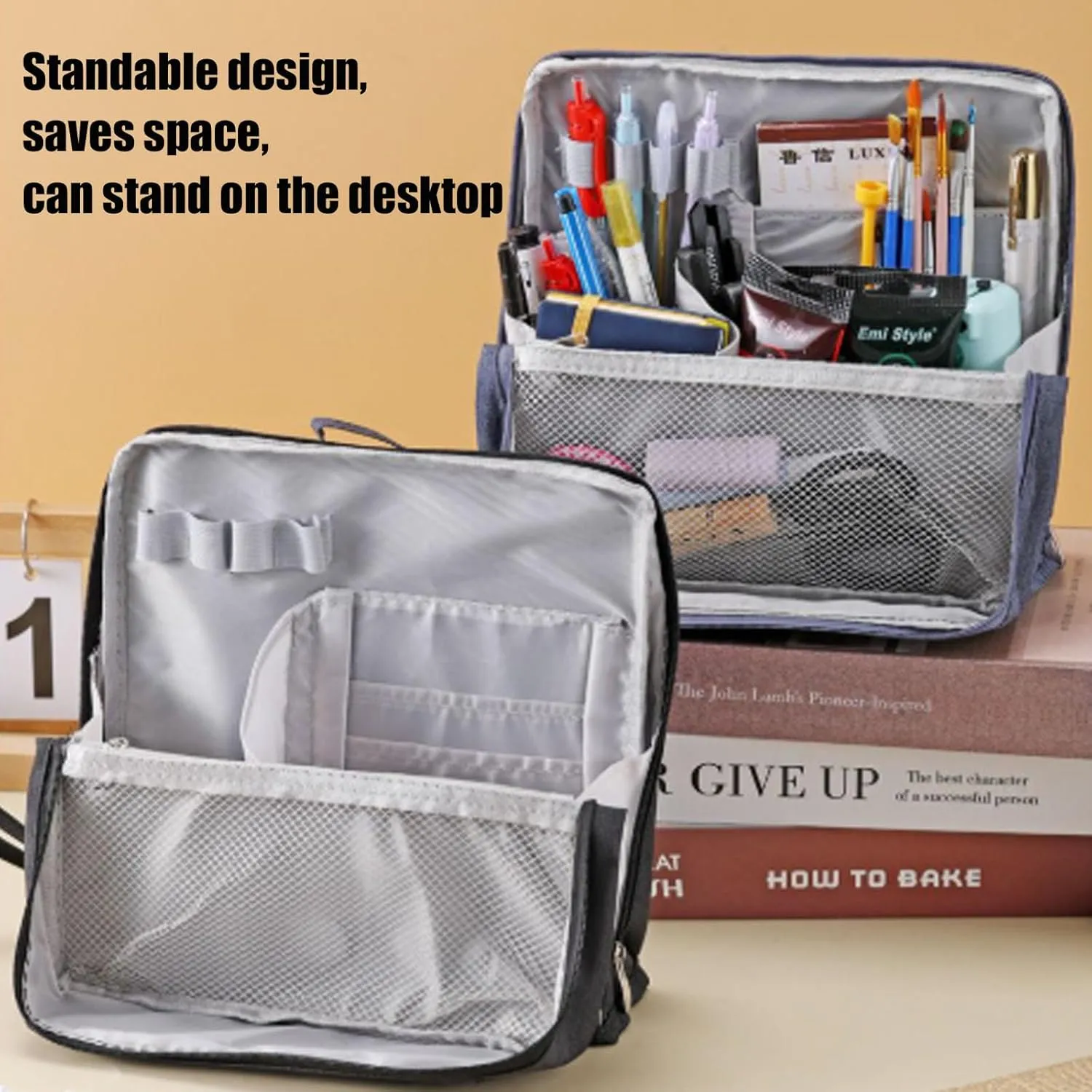 Makeup Bag, Standing Makeup Bag – Portable, Large Capacity Waterproof Makeup Organizer with Compartments Travel Home Use (Gray)