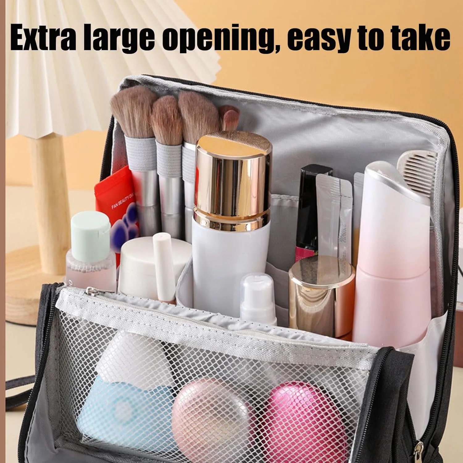 Makeup Bag, Standing Makeup Bag – Portable, Large Capacity Waterproof Makeup Organizer with Compartments Travel Home Use (Gray)