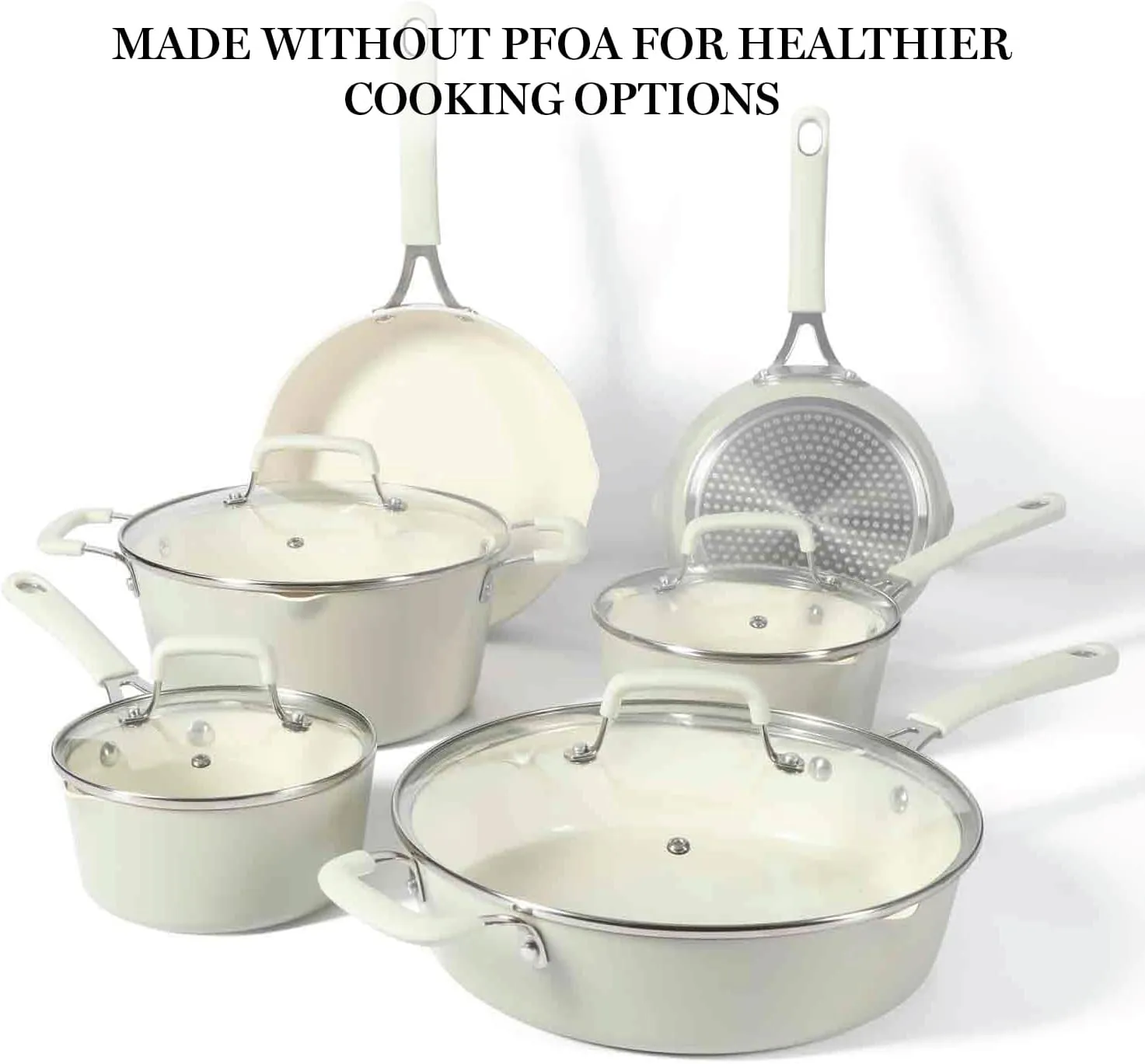 Martha Stewart Heathland Premium Nonstick PFA Free Ceramic Interior 10-Piece Tapered Aluminum Cookware Set - Linen White
