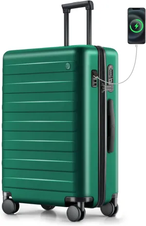 Medium Checked Luggage 24 Inch, Checking In Luggage with USB Port, Spinner Wheels, Lightweight, Hard Shell PC Suitcase, Lightweight Travel Luggage, TSA Approved (Emerald Green, Rhine Pro)
