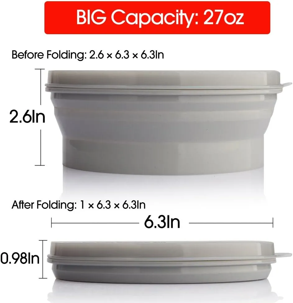 ME.FAN Silicone Collapsible Bowls - Silicone Folding Travel Bowl with Lids - Expandable Food Storage Containers Set - Portable, [27oz]
