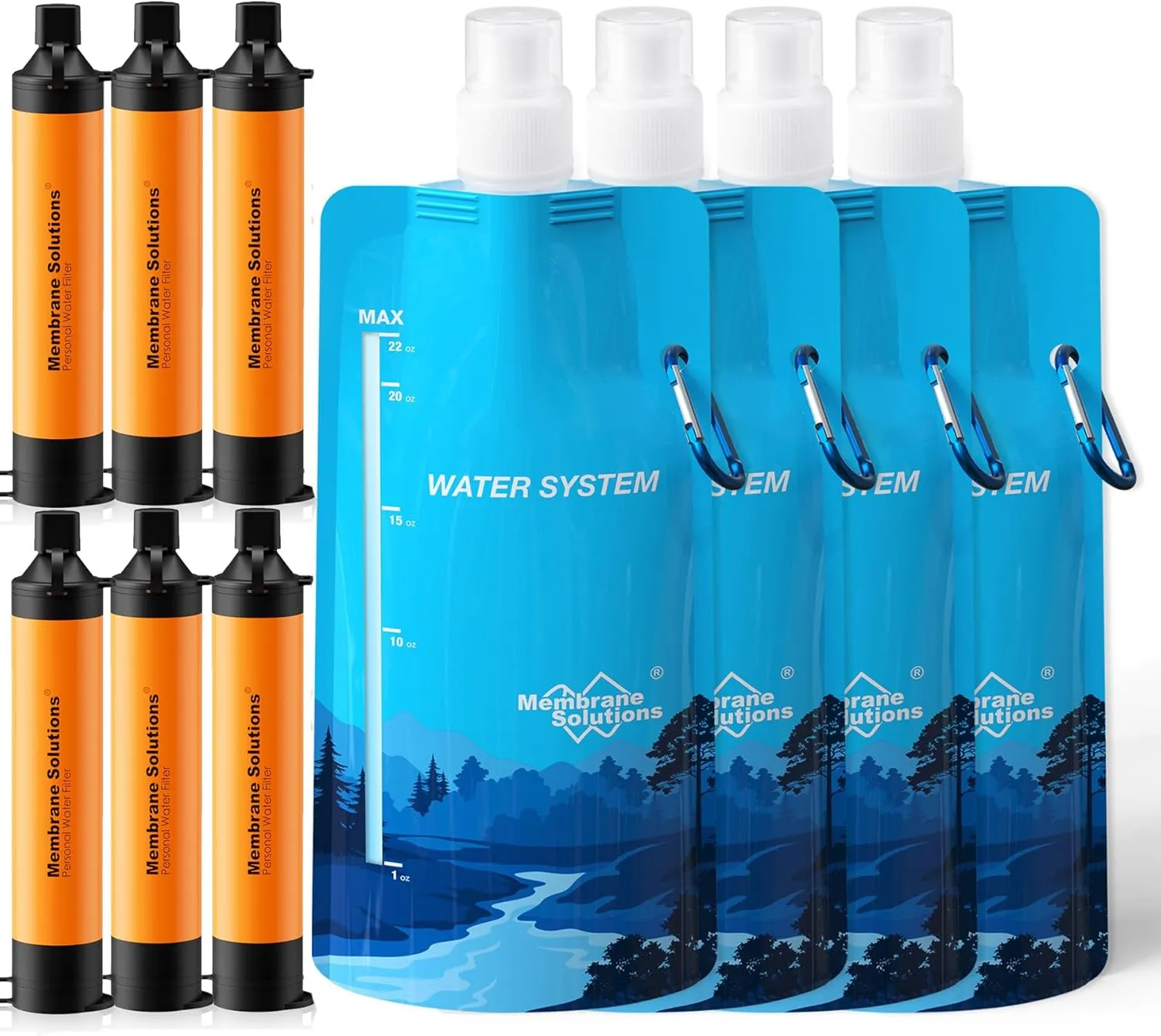 Membrane Solutions Squeezable Water Filtration System, Survival Water Purifier Kit, Portable Backpacking Gear Including Water Filter Straw and 23oz Collapsible Bottle for Hiking Camping Travel(6 4)