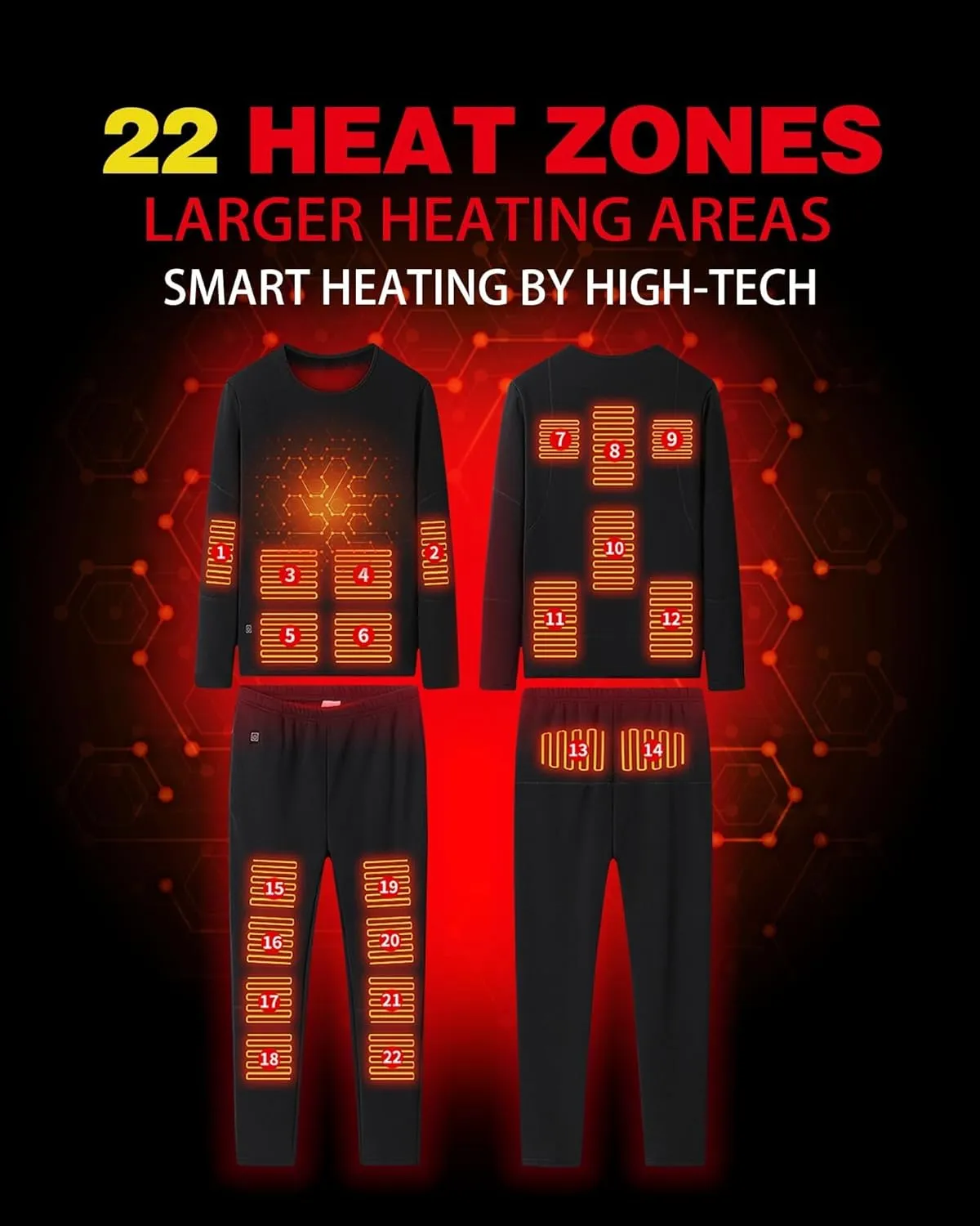 Men Women Electric Heated Underwear Set 22 Heating Zones,Electric Heating Thermal Underwear, Winter Hunting Gear