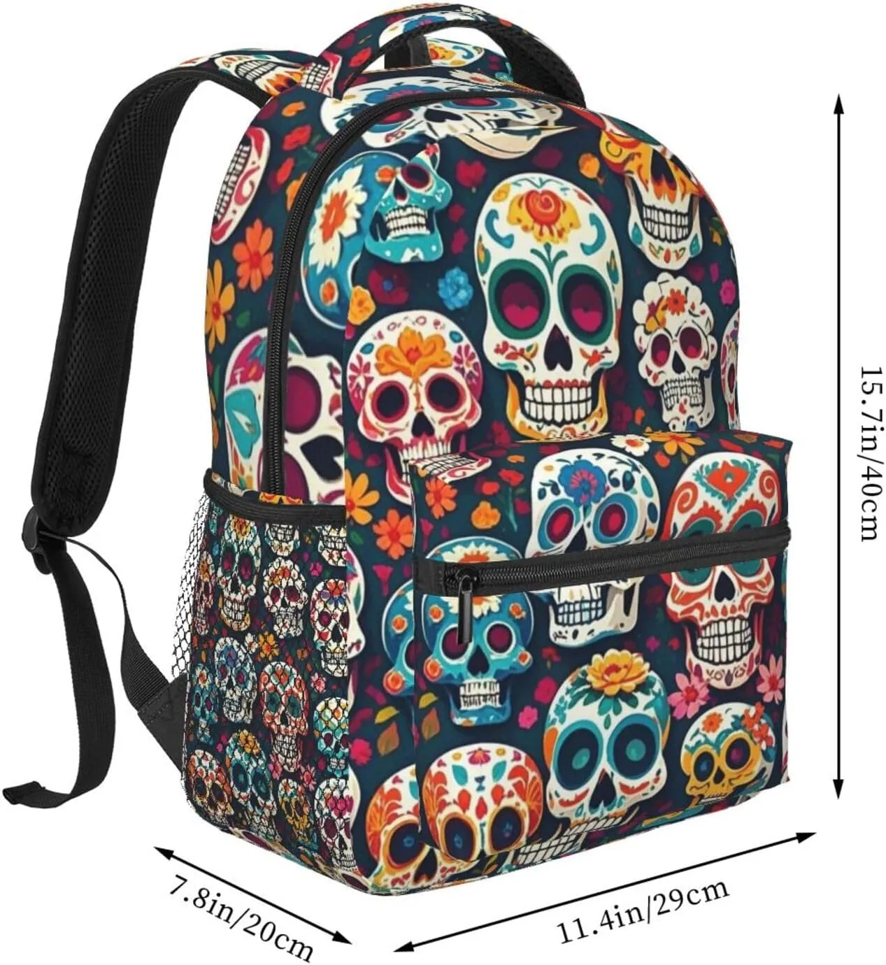 Men Women Lightweight Day Of The Dead Sugar Skull Art Backpack Large Capacity Carry On Bag With Padded Straps for Sports Work Walking Cycling