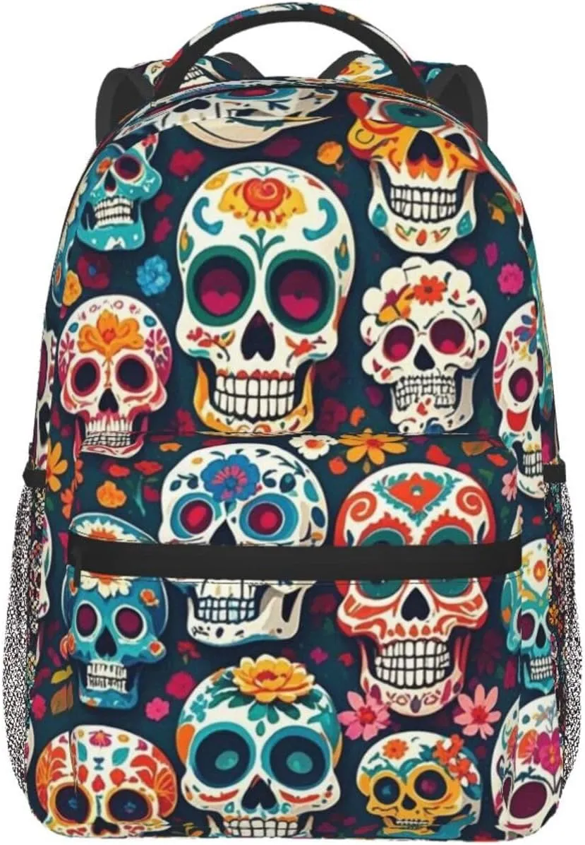 Men Women Lightweight Day Of The Dead Sugar Skull Art Backpack Large Capacity Carry On Bag With Padded Straps for Sports Work Walking Cycling