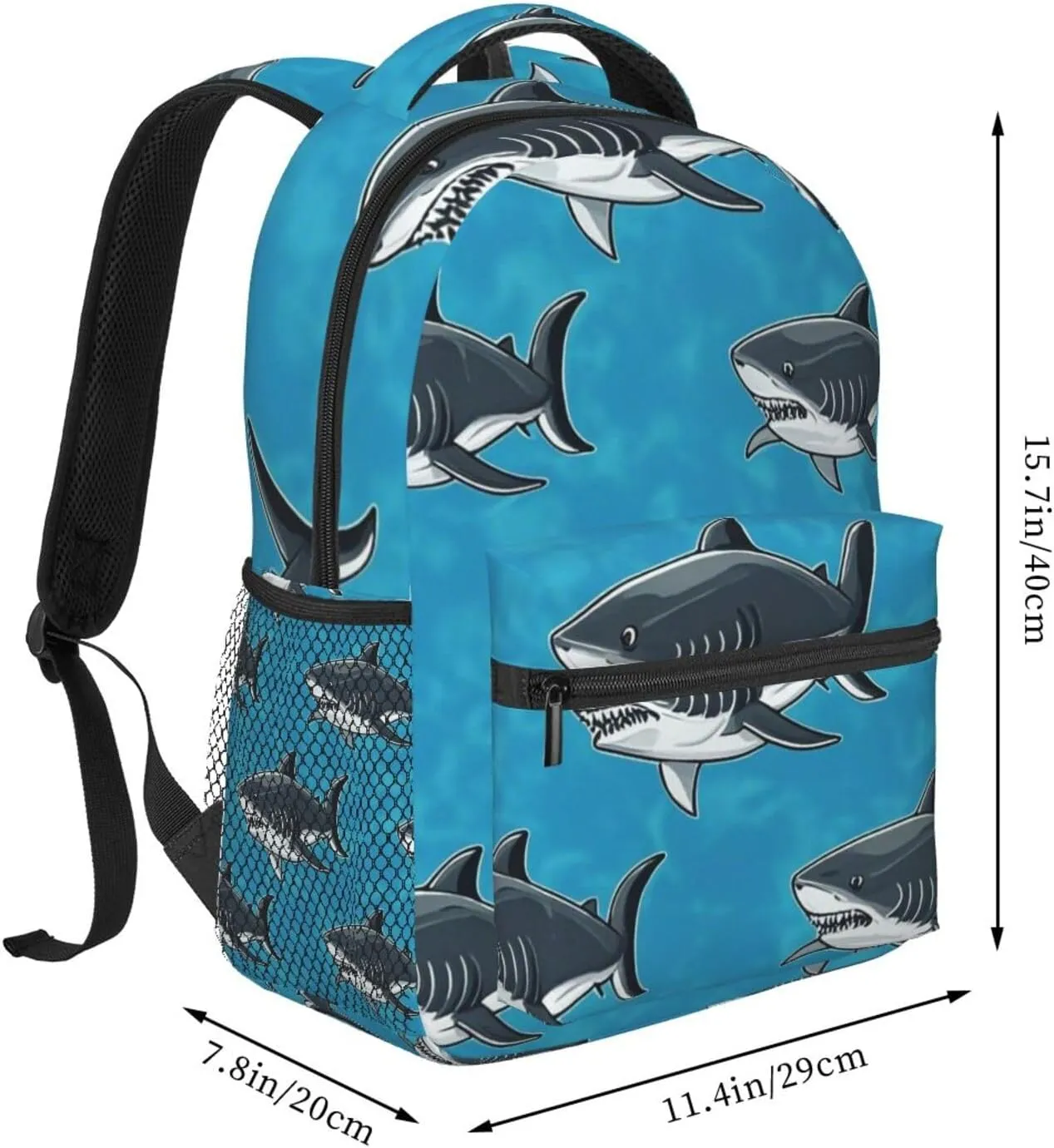 Men Women Lightweight Ocean Sea Shark Fish Art Backpack Large Capacity Carry On Bag With Padded Straps for Sports Work Walking Cycling