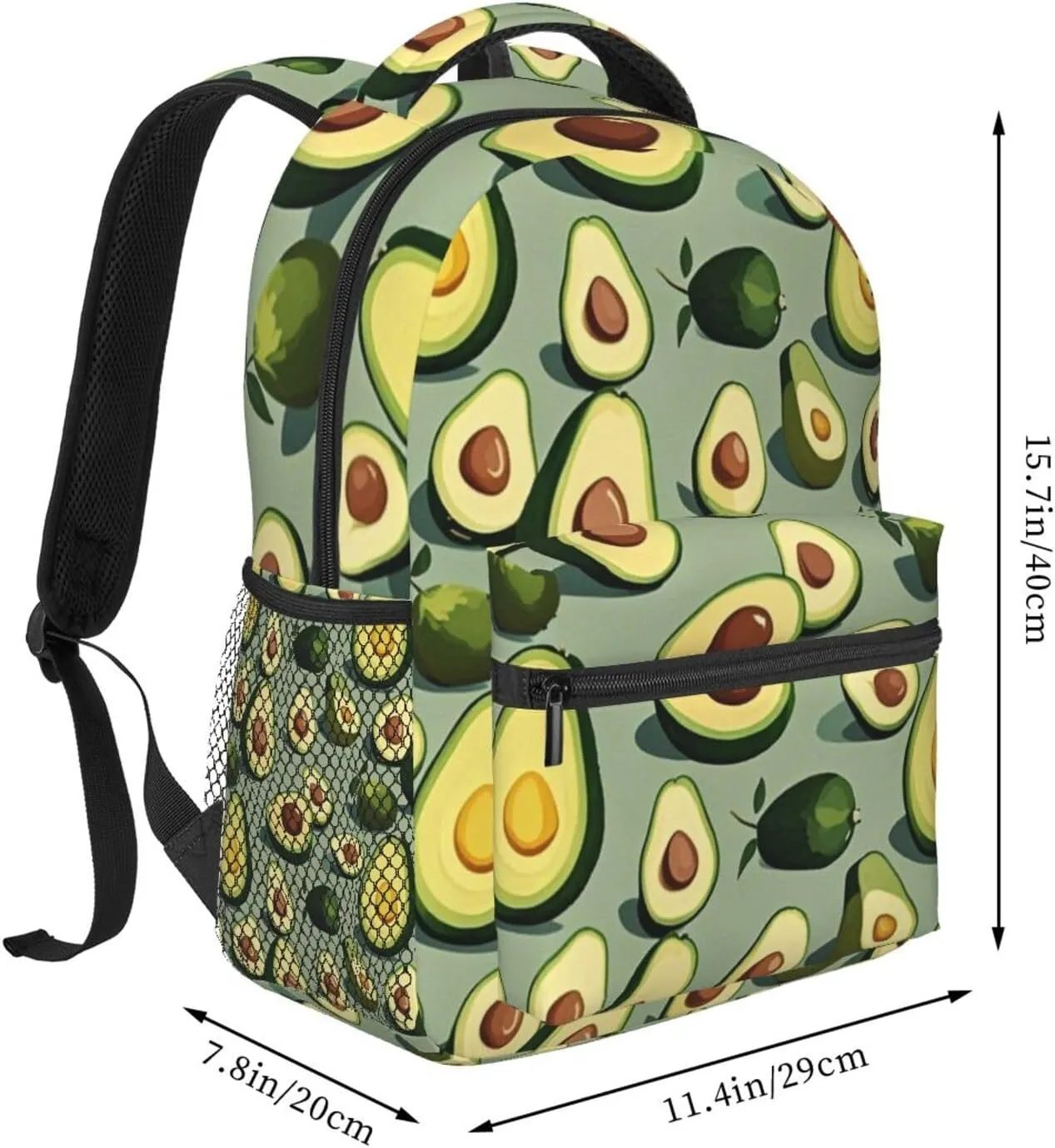 Men Women Polyester Green Avocados Art Casual Daypack Large Capacity Carry On Bag With Adjustable Shoulder Straps for Camping Work Running
