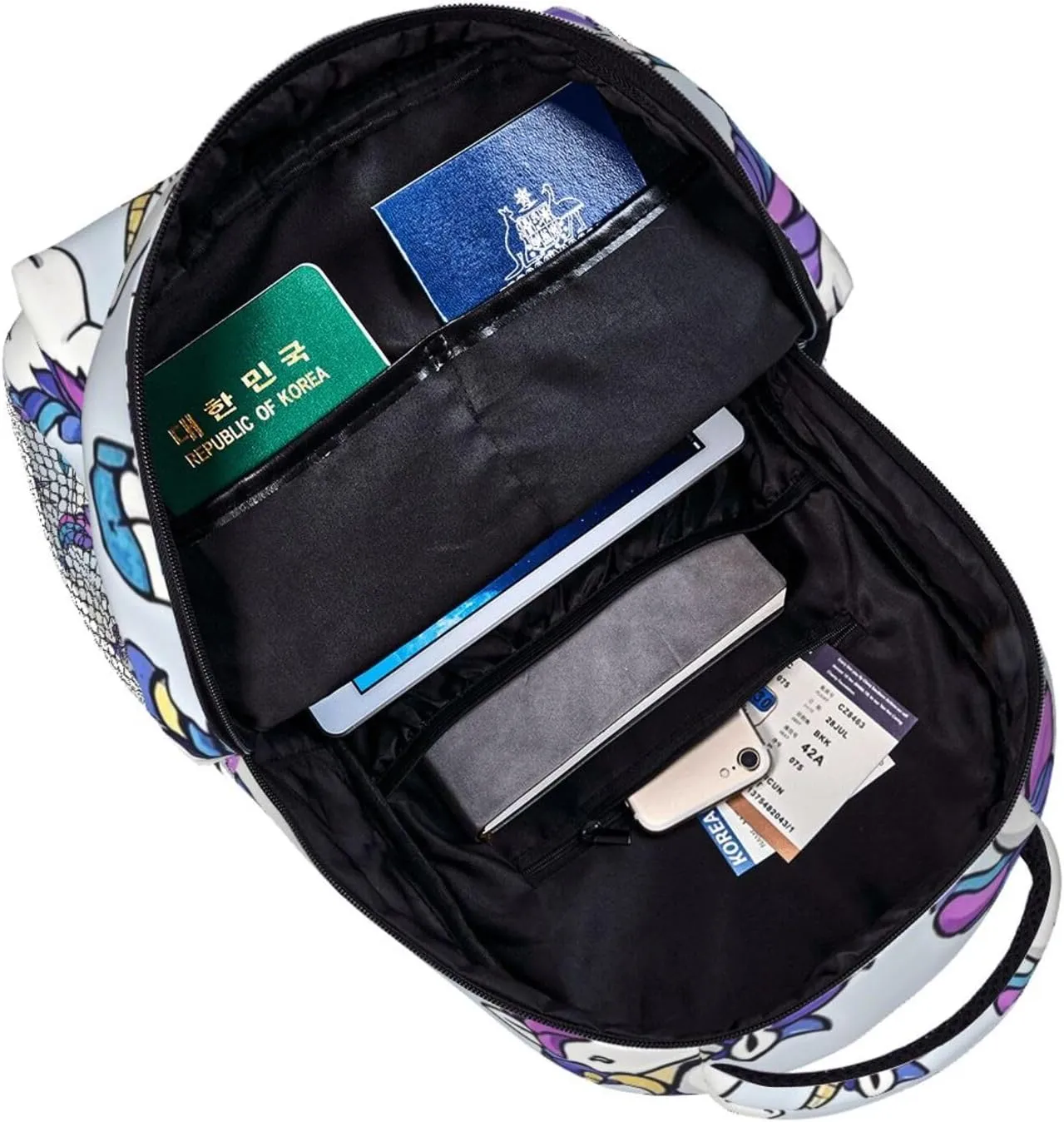 Men Women Polyester Neon Unicorn Art Daypack Big Capacity Shoulder Bag With Smooth Zippers for Hiking Work Walking Cycling