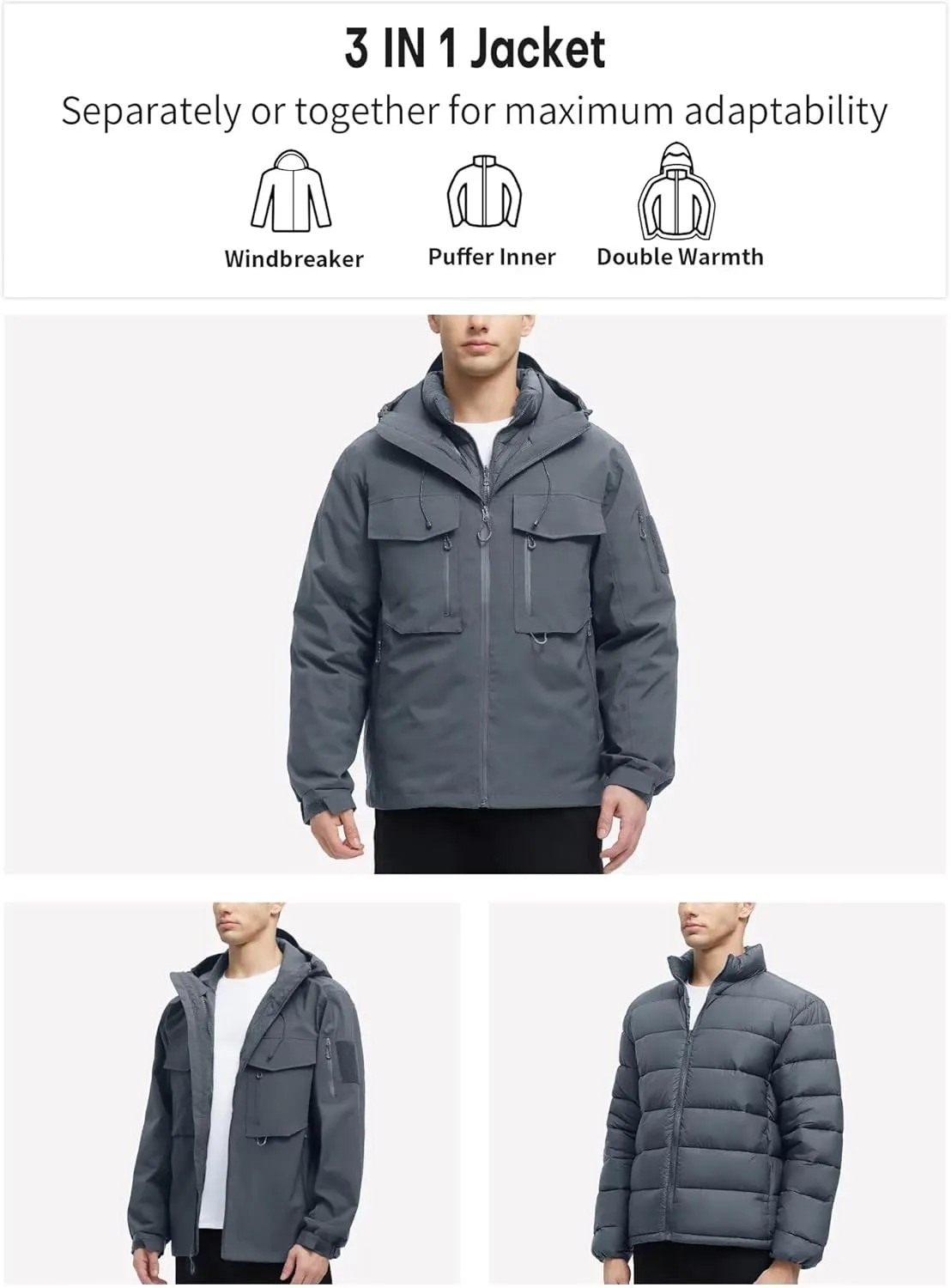 Men's 3 in 1 Waterproof Winter Jackets Ski Warm Snow Rain Coat Puffer Liner Hood Windbreaker