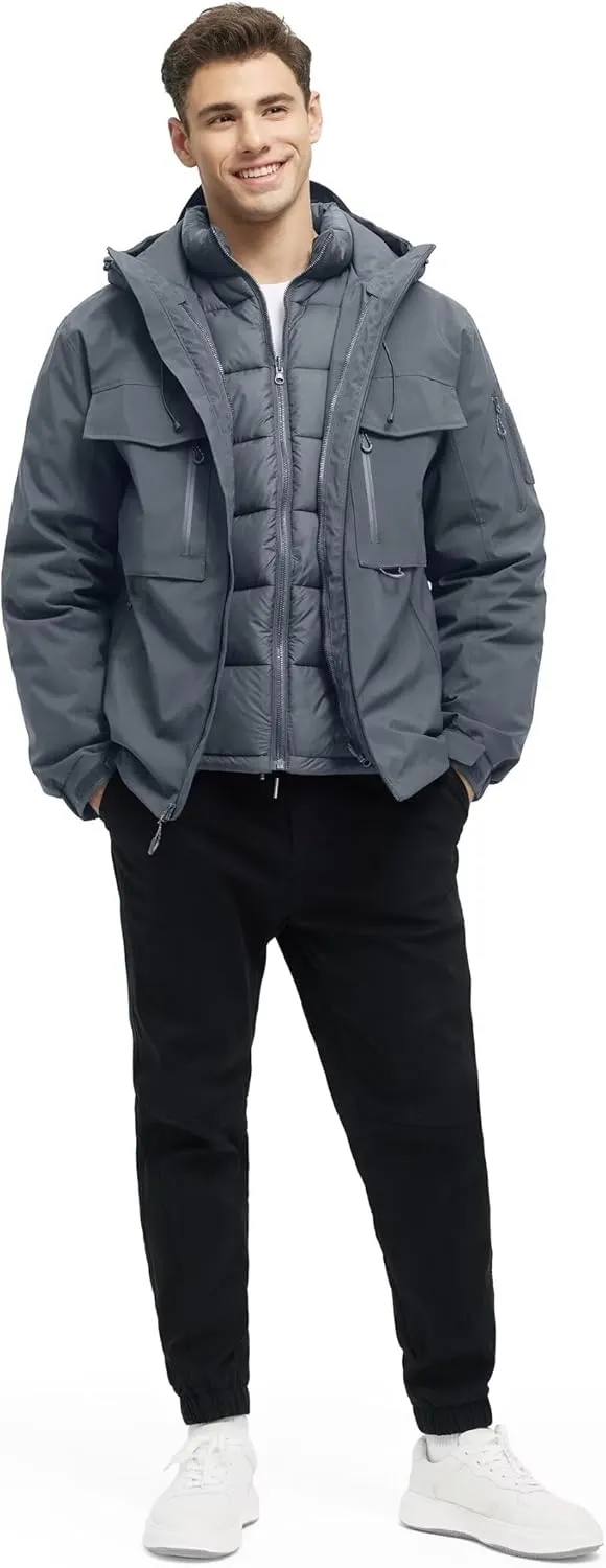 Men's 3 in 1 Waterproof Winter Jackets Ski Warm Snow Rain Coat Puffer Liner Hood Windbreaker