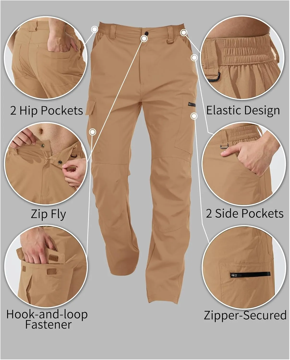 Men's Cargo Hiking Work Pants with 6 Pockets Lightweight Water Resistant Quick Dry Tactical Pants