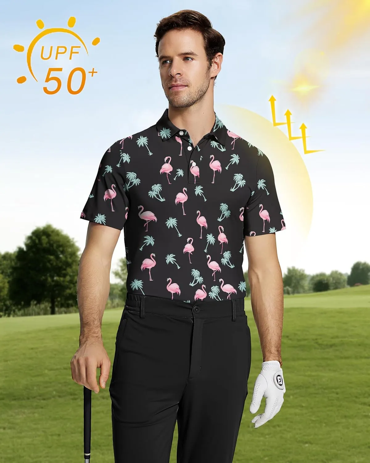 Mens Golf Shirt Short Sleeve Funny Print Golf Polo Shirts for Men Lightweight Dry Fit Quick Dry Collared Golf Polos