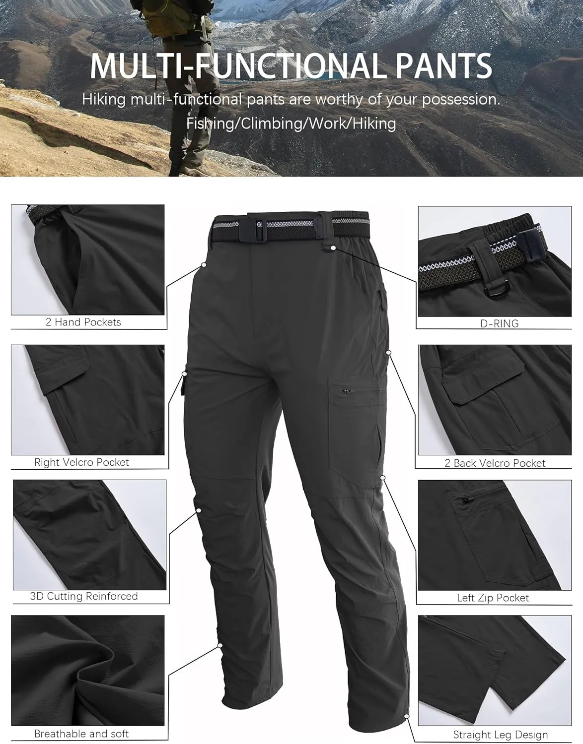 Men's Hiking Cargo Work Pants Lightweight Waterproof Quick Dry Camping Fishing Travel Outdoor Pants