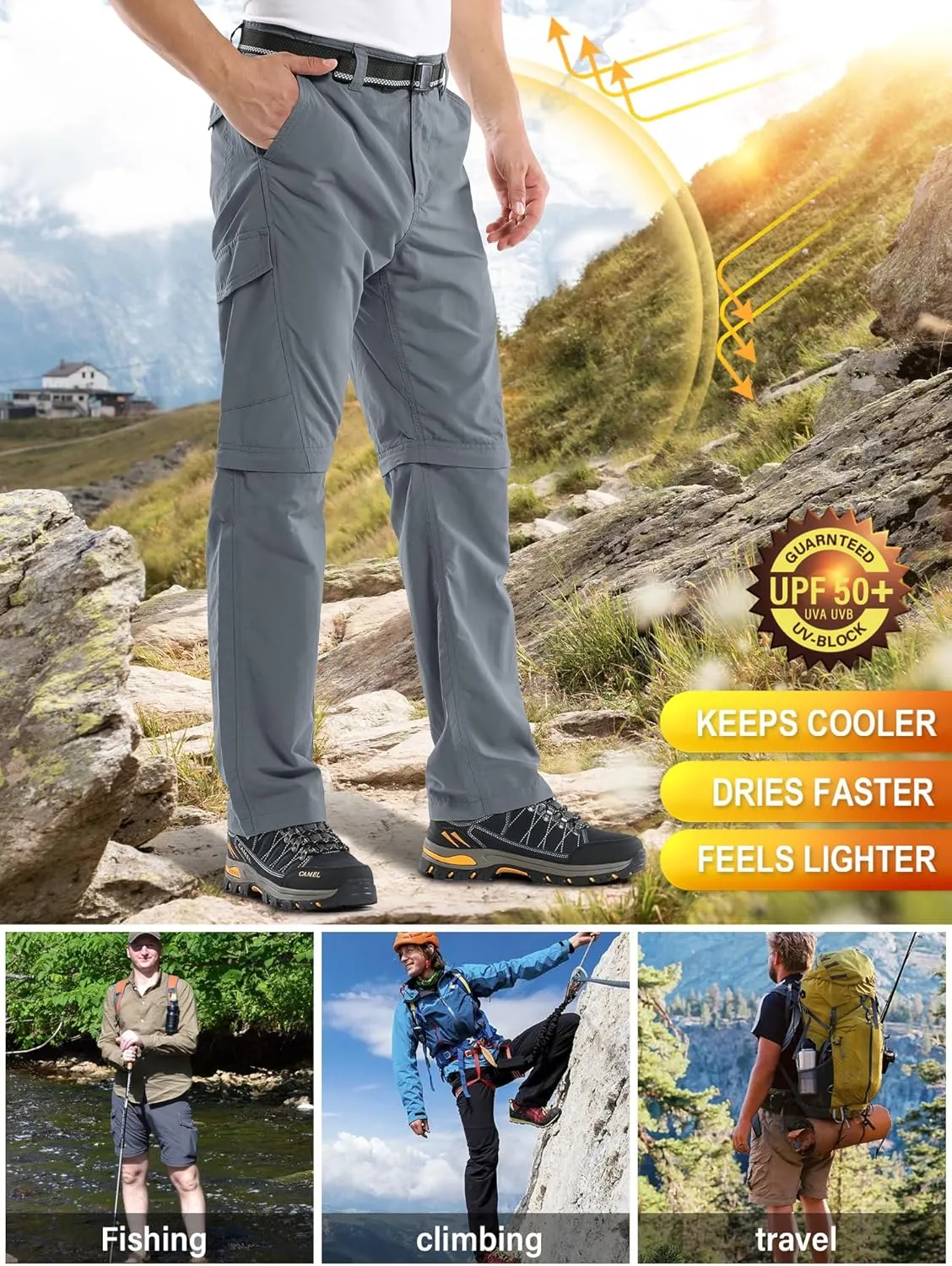 Mens Hiking Pants Convertible Outdoor Waterproof Quick Dry Zip Off Lightweight Travel Fishing Boy Scout Pants