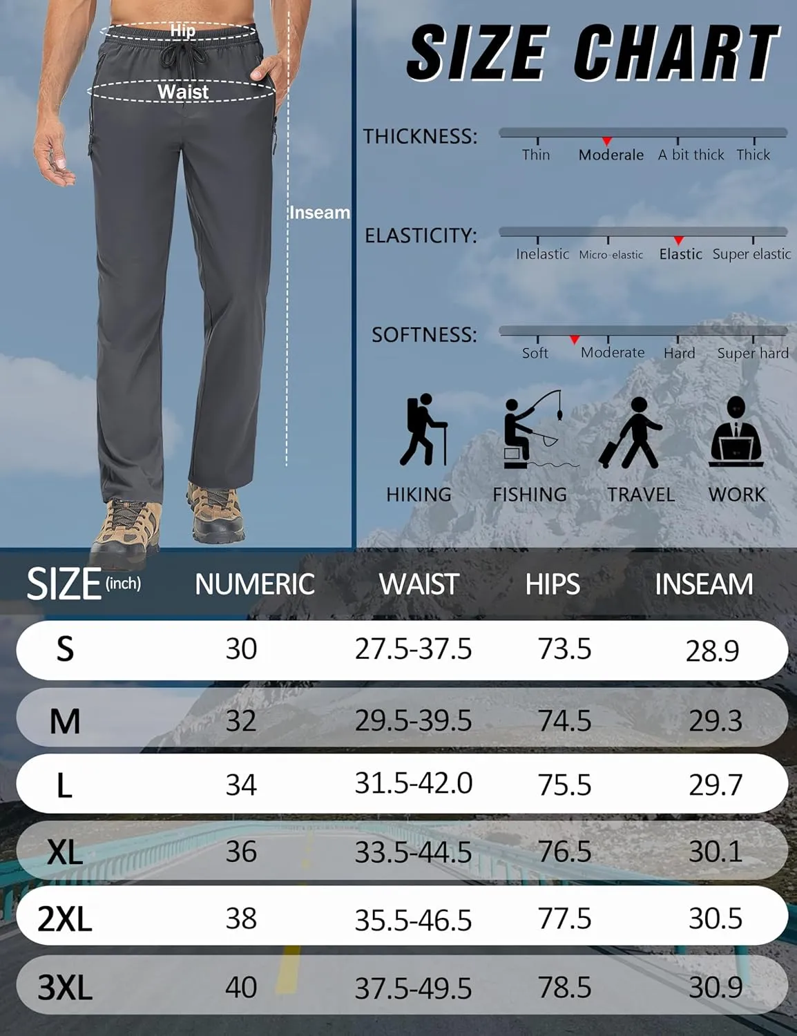 Men's Lightweight Hiking Pants Travel Quick Dry Waterproof Athletic Joggers Pants Sweatpants with Zipper Pockets