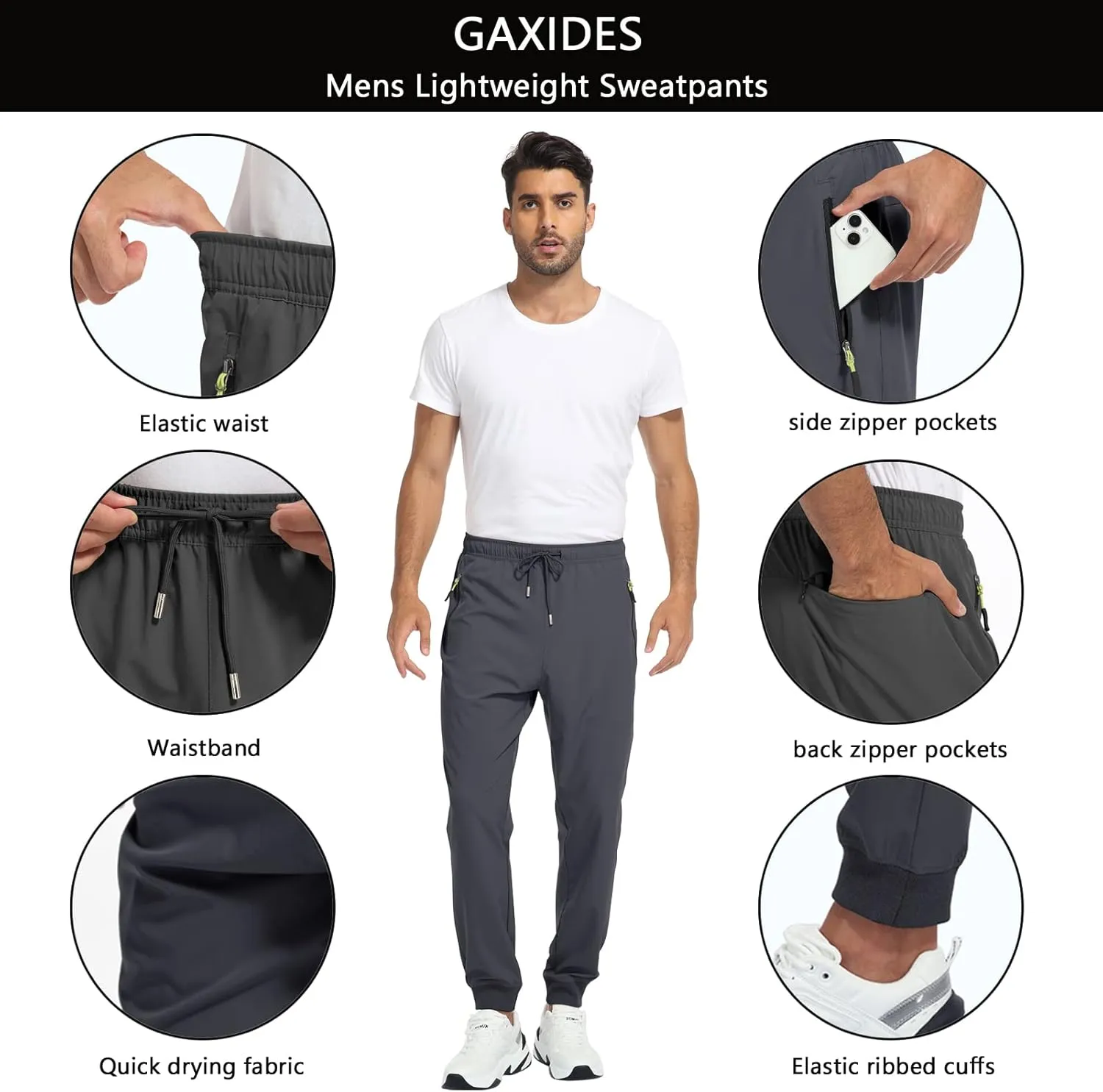 Men's Lightweight Jogger Pants Quick Dry Athletic Hiking Pants for Men with 3 Zipper Pockets