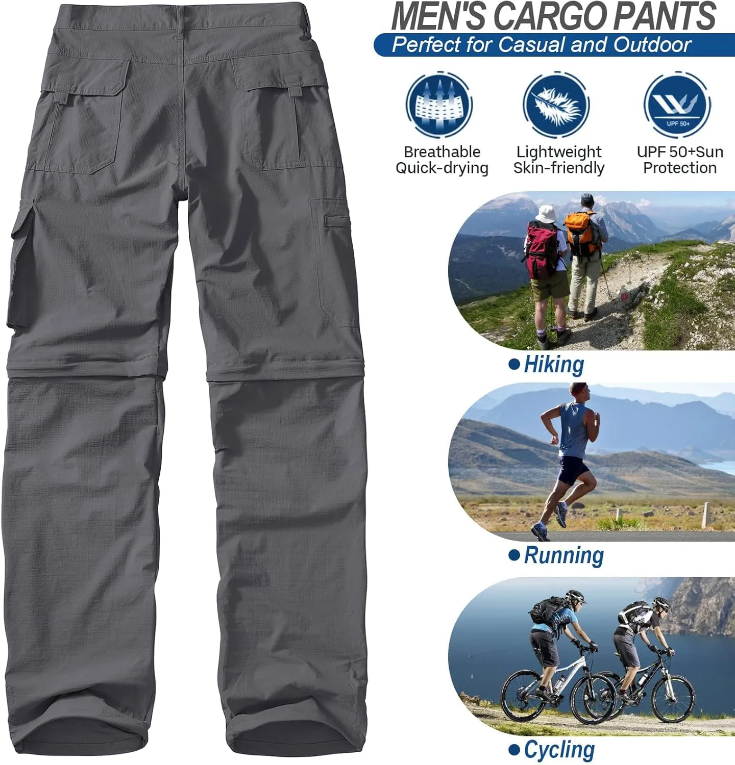 Men's Outdoor Quick Dry Convertible Lightweight Hiking Fishing Zip Off Safari Trousers