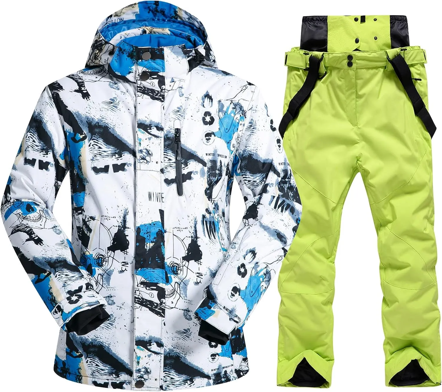 Mens Ski Jacket and Pants Set Ski Suit Winter Waterproof Windproof Hooded Snow Coat 2 Pieces Snowboarding Snowsuits