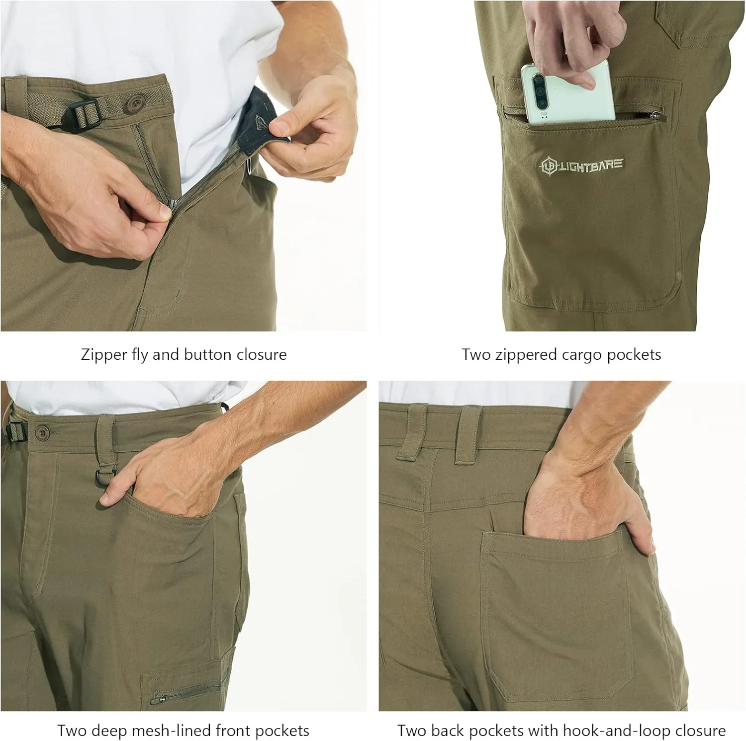 Men's Stretch Lightweight Hiking Cargo Pants UPF 50  Cropped with Roll-Up Leg Snaps Water Resistant Straight Fit