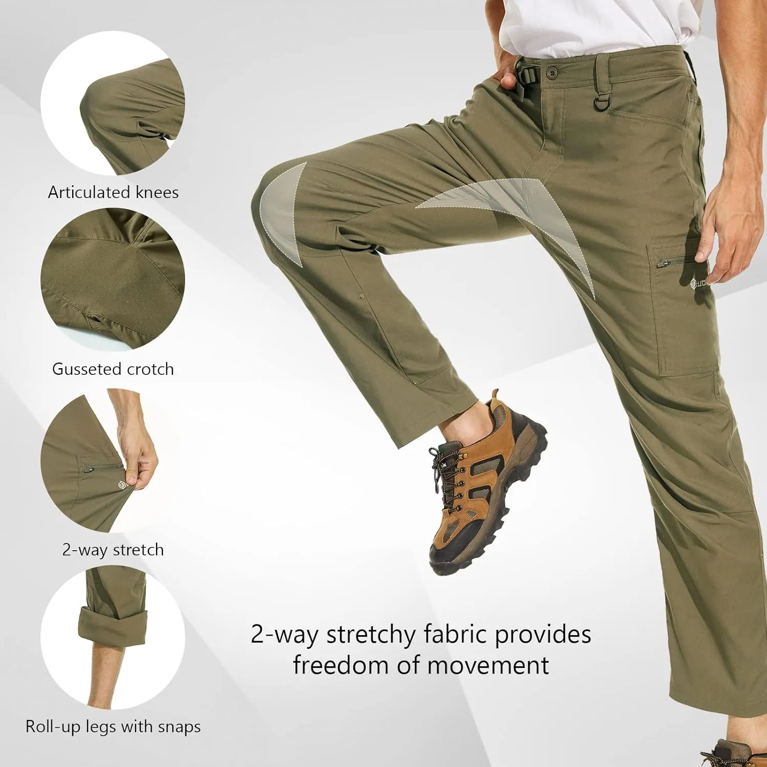 Men's Stretch Lightweight Hiking Cargo Pants UPF 50  Cropped with Roll-Up Leg Snaps Water Resistant Straight Fit