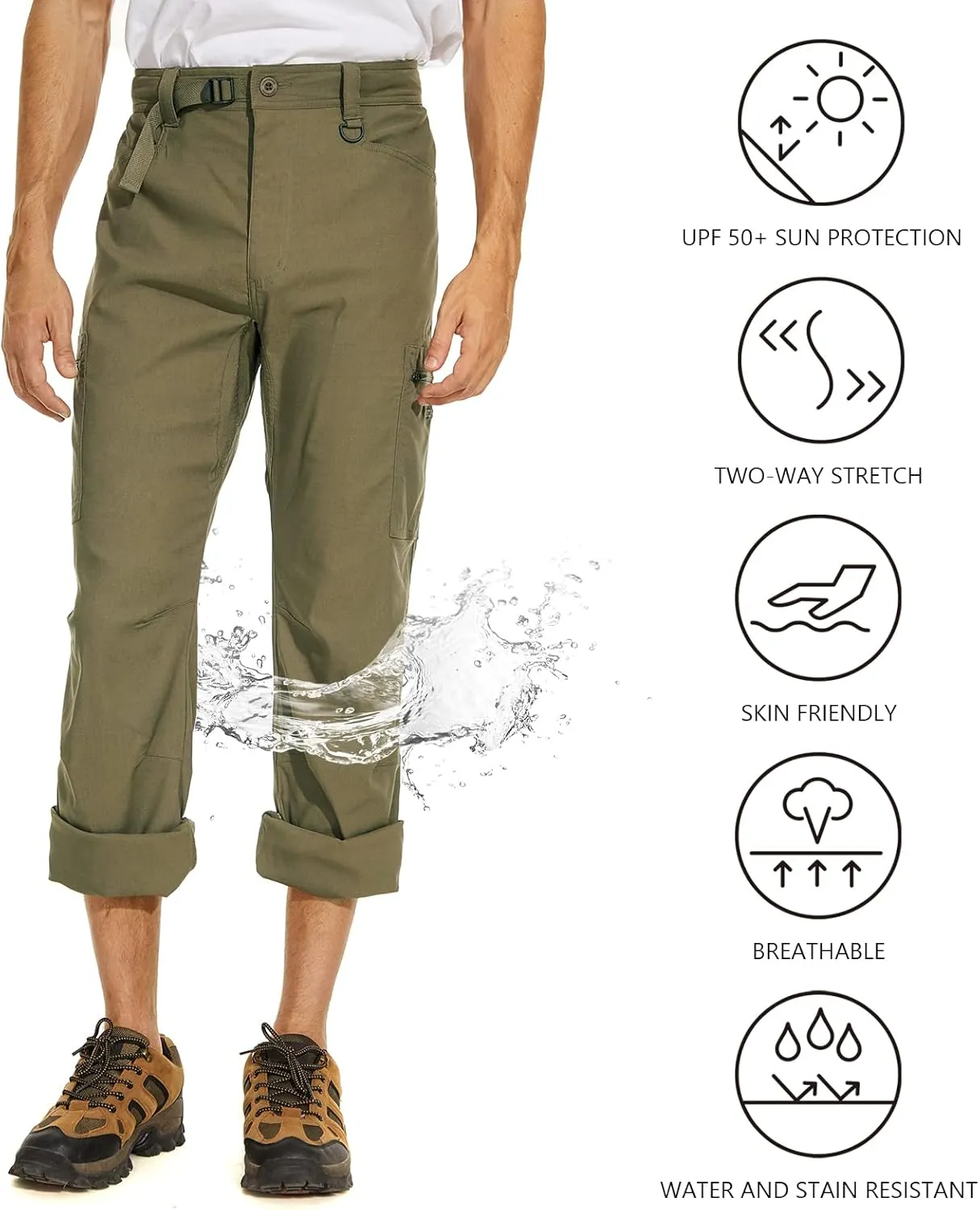 Men's Stretch Lightweight Hiking Cargo Pants UPF 50  Cropped with Roll-Up Leg Snaps Water Resistant Straight Fit
