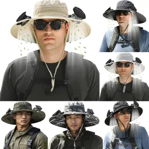 Mens Sun Hat with 2 Fan, Summer Cooling Wide Brim Bucket Fishing Hat-Solar & USB Charging，2025 New Ultralight Solar Fan hat