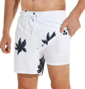 Mens Swim Trunks with Compression Liner Quick Dry Bathing Suit with Zipper Pockets Lightweight Beach Shorts