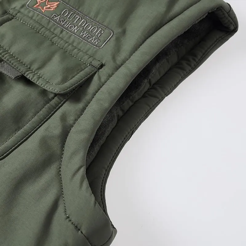 Men's Winter Outdoor Padded Safari Vest Warm Fishing Gilet with Detachable Hood Multi Pockets