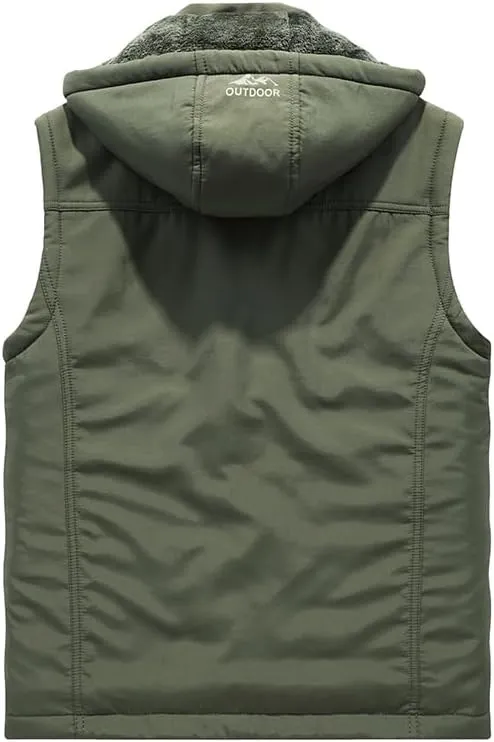 Men's Winter Outdoor Padded Safari Vest Warm Fishing Gilet with Detachable Hood Multi Pockets
