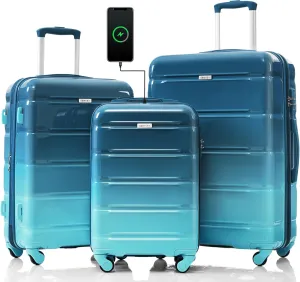 Merax 3 Piece Suitcase Luggage Sets with Cup Holder, ABS with TSA Lock and USB Port, Gradient Lake Blue, 20/24/28 Inch