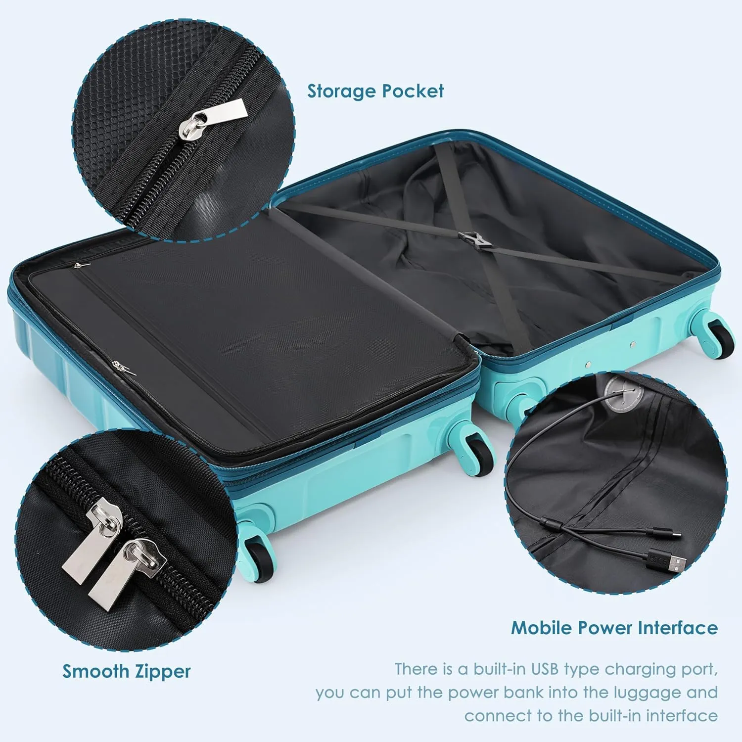 Merax 3 Piece Suitcase Luggage Sets with Cup Holder, ABS with TSA Lock and USB Port, Gradient Lake Blue, 20/24/28 Inch