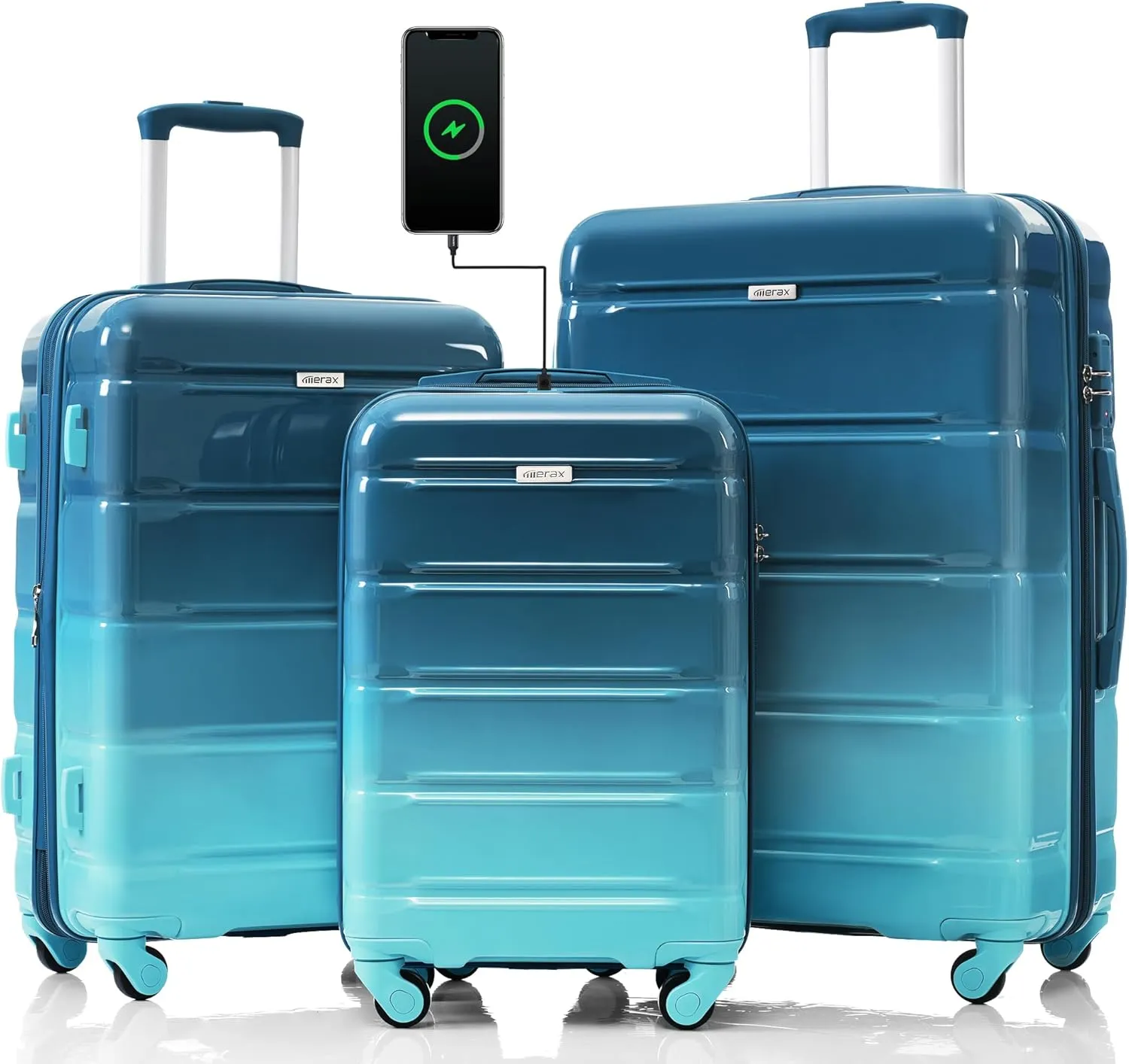 Merax 3 Piece Suitcase Luggage Sets with Cup Holder, ABS with TSA Lock and USB Port, Gradient Lake Blue, 20/24/28 Inch