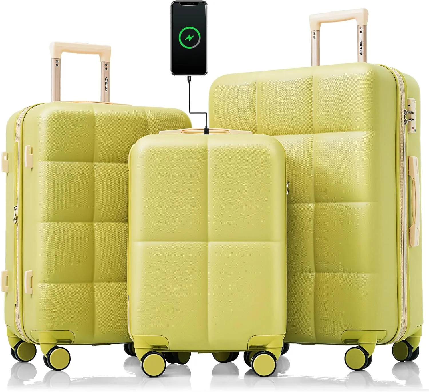 Merax USB 3 Piece ABS Hardside Luggage Sets Expandable Spinner Wheels Suitcase, Olive Yellow, 20/24/28 Inch