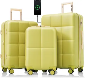Merax USB 3 Piece ABS Hardside Luggage Sets Expandable Spinner Wheels Suitcase, Olive Yellow, 20/24/28 Inch