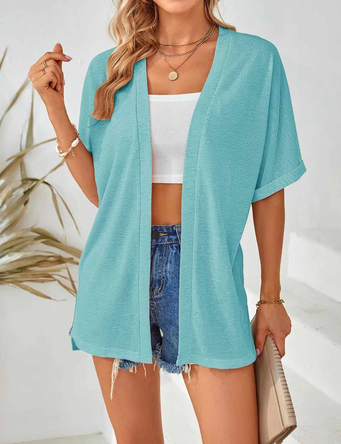 MEROKEETY Womens 2025 Summer Lightweight Cardigan Short Sleeve Open Front Casual Loose Cover Ups
