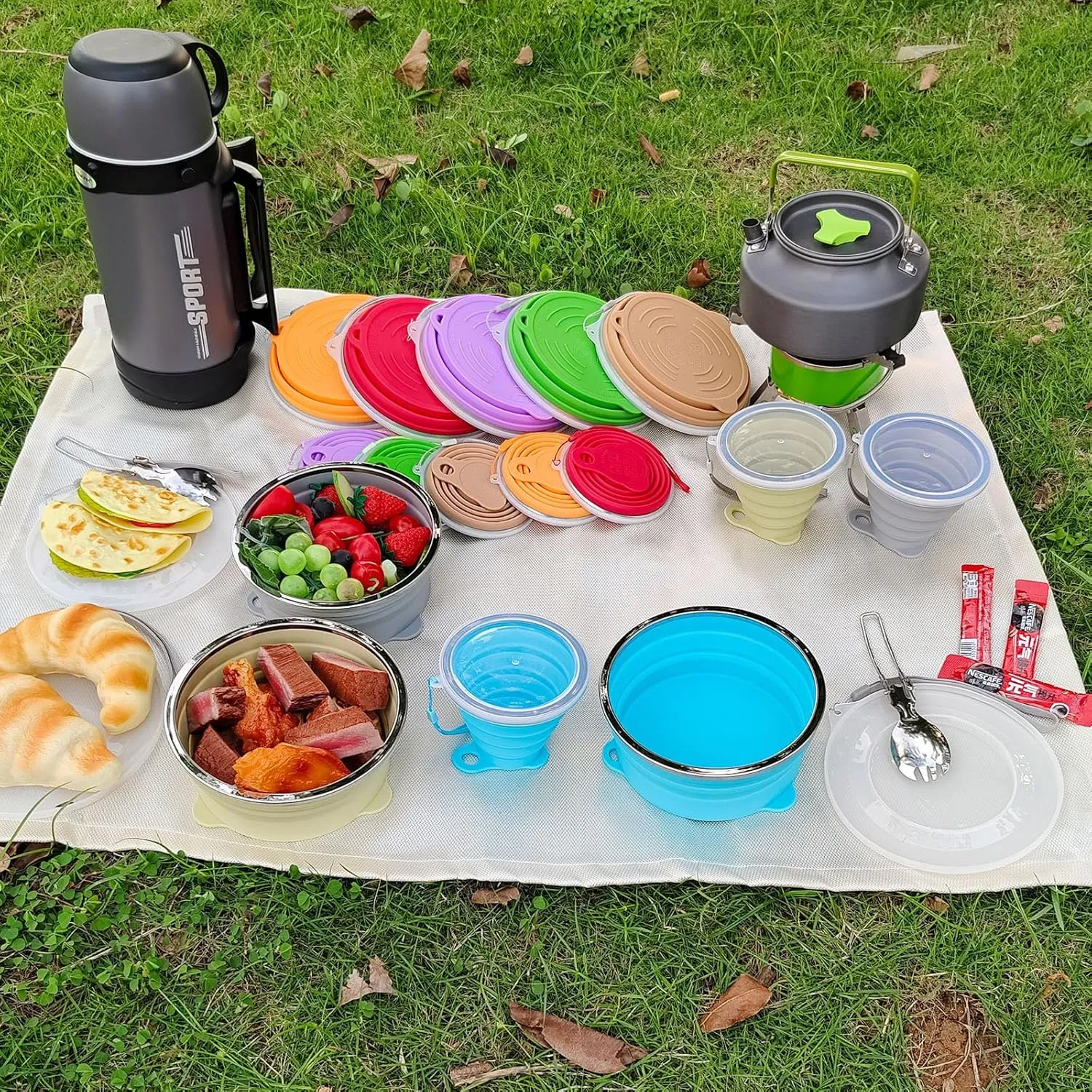Mess Kit for Camping Silicone Collapsible Bowl Collapsible Cup and Stainless Steel Spoon for Backpacking Outdoor Hiking Traveling and Picnic - 2 Pack