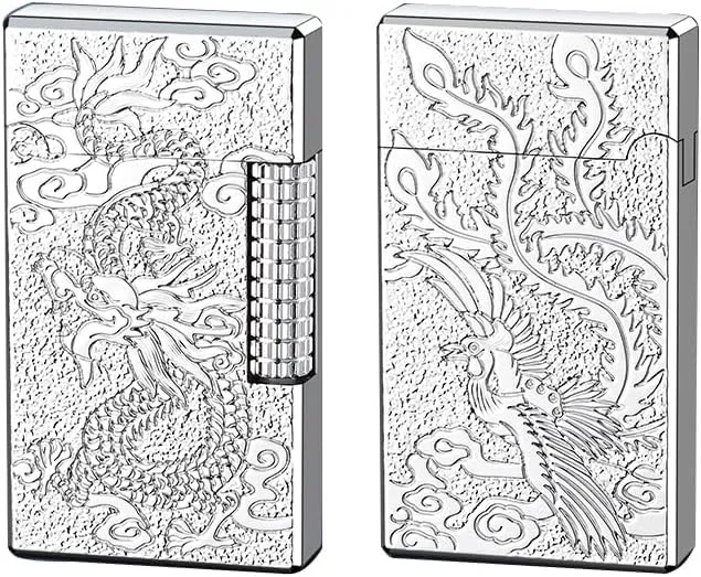 Metal Lighter, Dragon Relief Design, Side Wheel Frosted Lighter, Refillable Butane Lighter, Soft Flame Flip Lighter, Outdoor, Camping, Men's Gift (Silver-Dragon Phoenix)