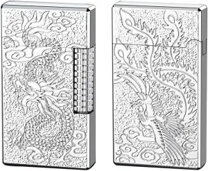 Metal Lighter, Dragon Relief Design, Side Wheel Frosted Lighter, Refillable Butane Lighter, Soft Flame Flip Lighter, Outdoor, Camping, Men's Gift (Silver-Dragon Phoenix)