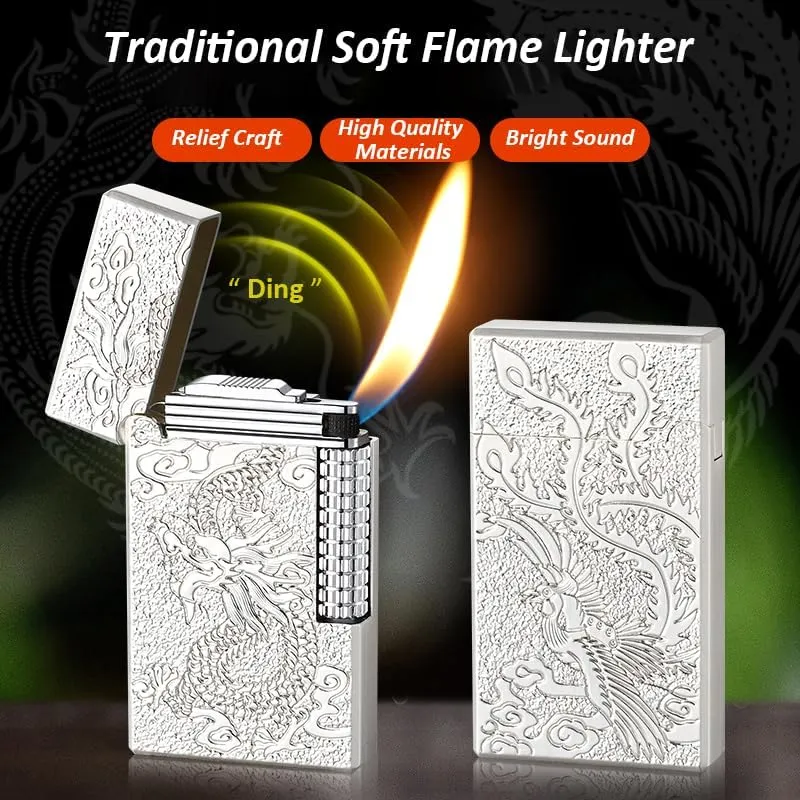 Metal Lighter, Dragon Relief Design, Side Wheel Frosted Lighter, Refillable Butane Lighter, Soft Flame Flip Lighter, Outdoor, Camping, Men's Gift (Silver-Dragon Phoenix)
