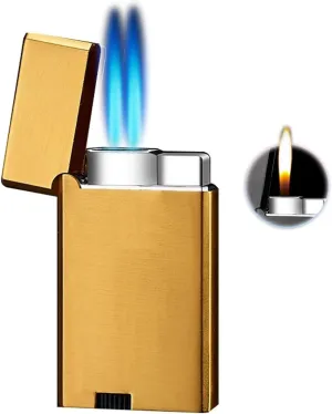 Metal Windproof Lighter, Soft Flame Fuel Window Lighter Butane Jet Flame Lighter, Dual Flame, Adjustable Flame Lighter for Candles, Camping, Indoor and Household (Butane Not Included)(Gold)