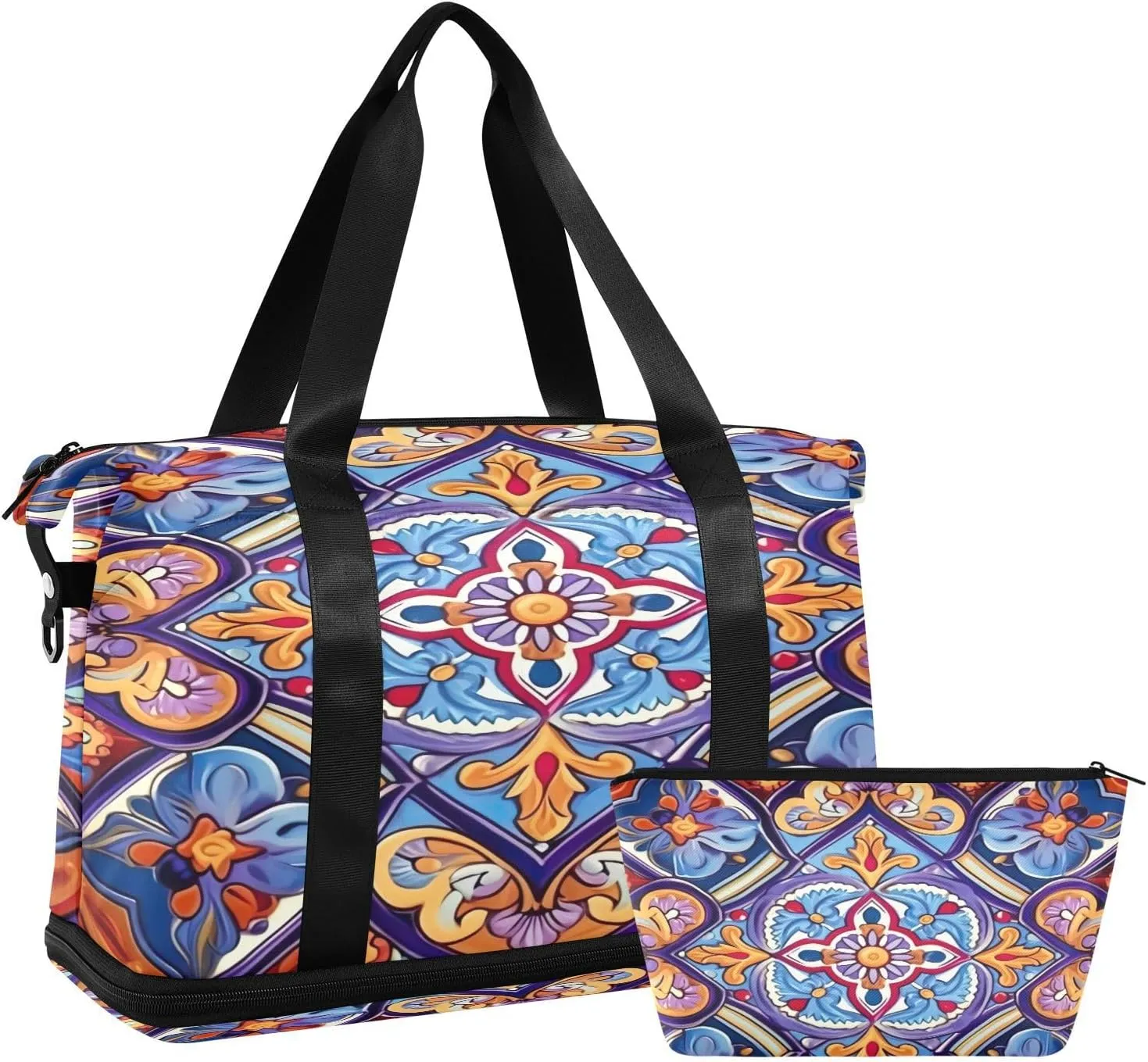 Mexican Ceramic Tile Sports Gym Bag with Waterproof Dry Wet Pocket, Travel Duffel Bag for Women Men，Workout Bag Fits Yoga, Swimming