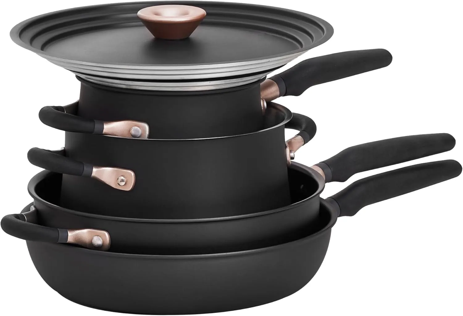 Meyer 6pc Stackable Set with Universal Lids | Hard Anodized Non Stick and Stainless Steel Pots and Pans | Induction Compatible | Dishwasher Safe | Oven Safe | Matte Black | Accent Series Cookware