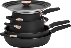 Meyer 6pc Stackable Set with Universal Lids | Hard Anodized Non Stick and Stainless Steel Pots and Pans | Induction Compatible | Dishwasher Safe | Oven Safe | Matte Black | Accent Series Cookware