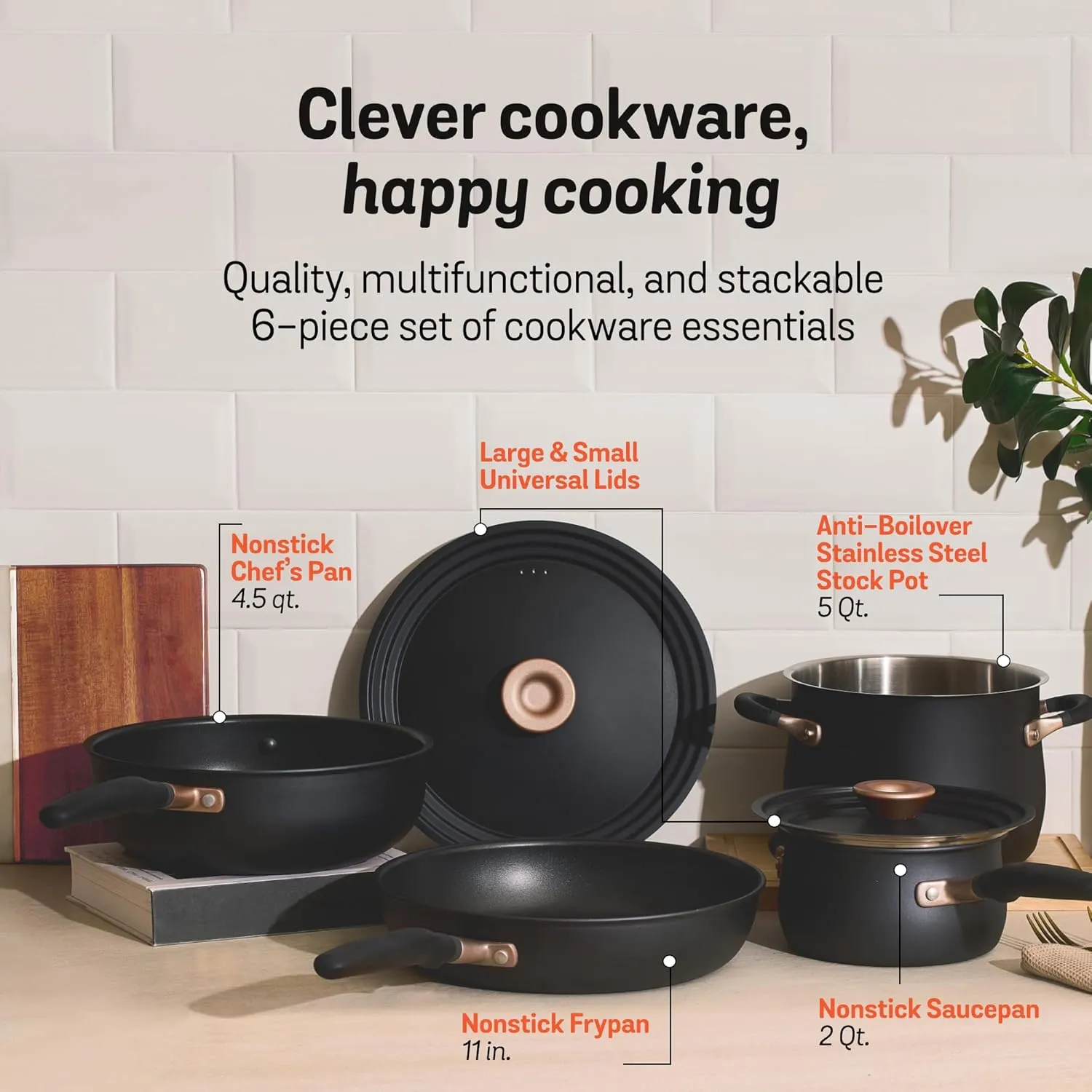 Meyer 6pc Stackable Set with Universal Lids | Hard Anodized Non Stick and Stainless Steel Pots and Pans | Induction Compatible | Dishwasher Safe | Oven Safe | Matte Black | Accent Series Cookware