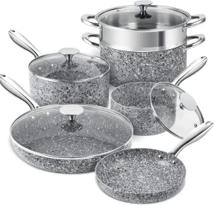 MICHELANGELO Stone Cookware Set 10 Piece, Ultra Nonstick Pots and Pans Set with Stone-Derived Coating for Kitchen, Granite - 10 Piece