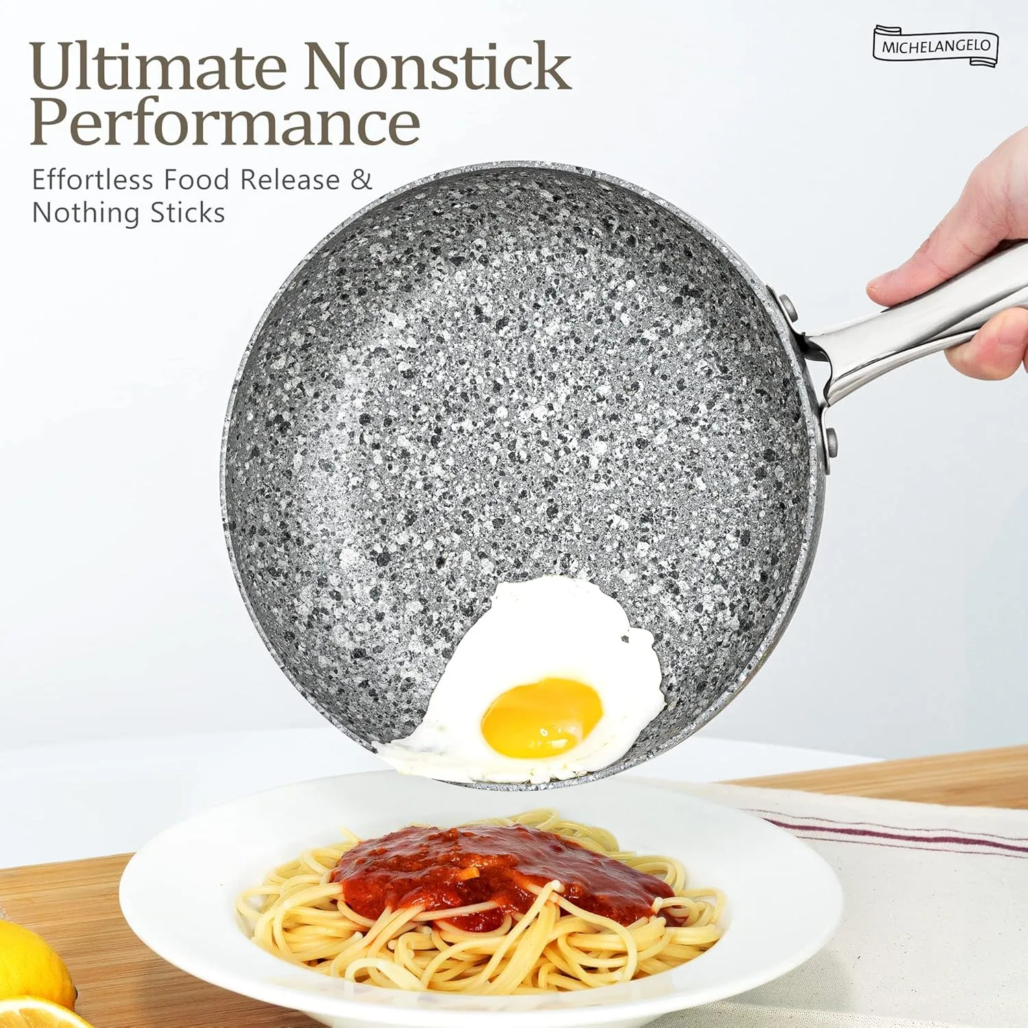 MICHELANGELO Stone Cookware Set 10 Piece, Ultra Nonstick Pots and Pans Set with Stone-Derived Coating for Kitchen, Granite - 10 Piece